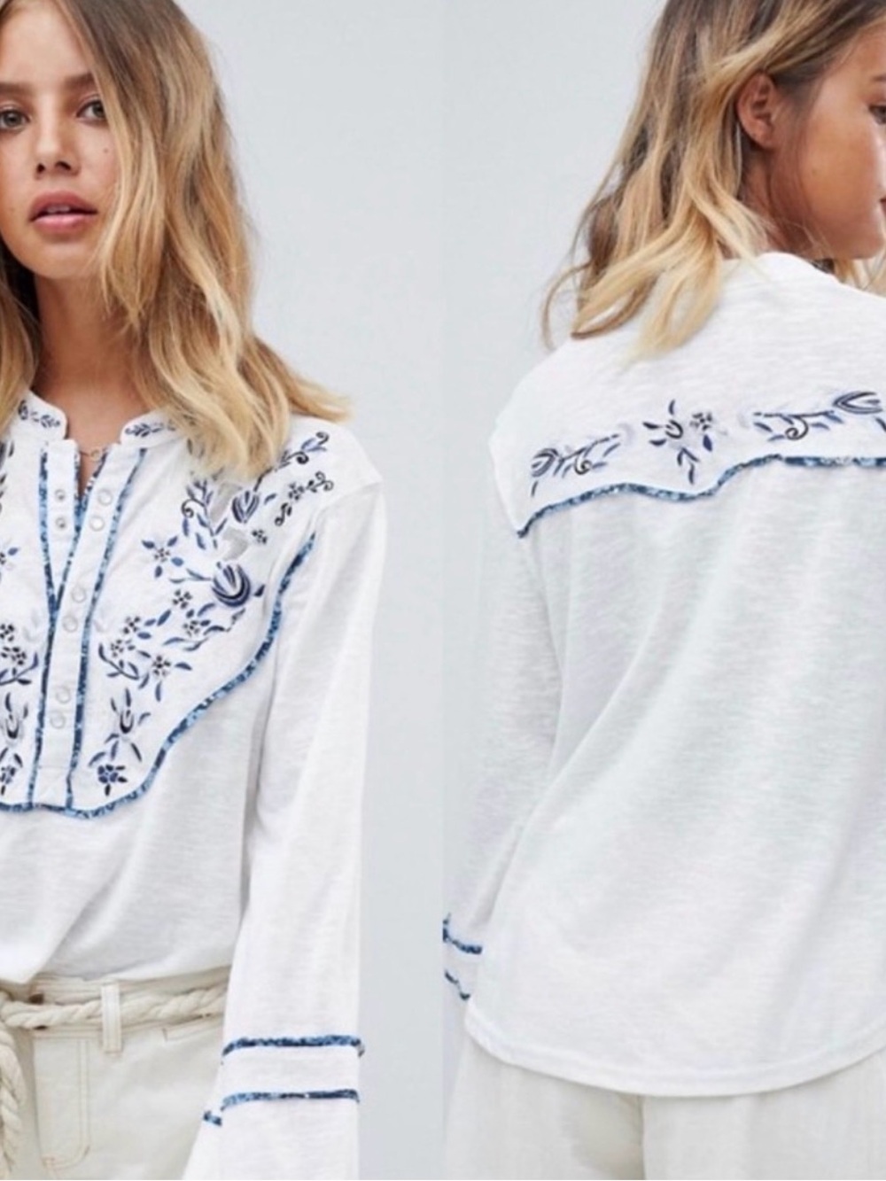 Free People Top Womens XS Sundance Kid Western Embroidered Boho Long Sleeve‎